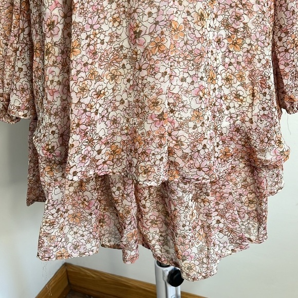 Japna Floral Faux Wrap Chiffon Dress Womens Size Medium Tiered Long Sleeves Pink - Picture 6 of 16